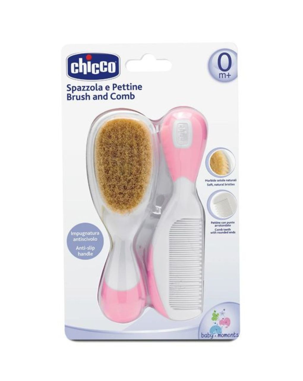 Chicco βούρτσα-χτένα safe φυσική τρίχα ροζ h03-06569-10 - Chicco