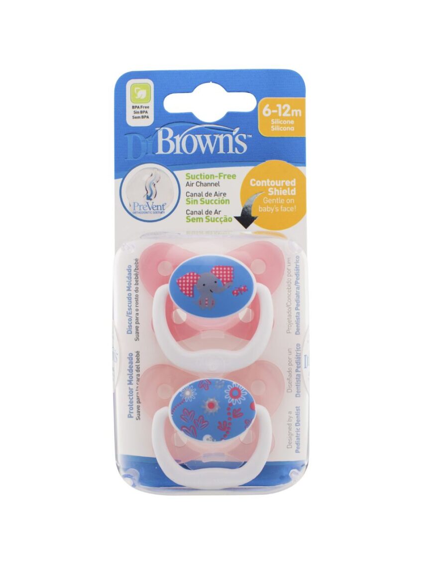 Dr. brown’s πιπίλες με θήλη σιλικόνης 2τμχ 6-12m ροζ pv-22302 - Dr Browns
