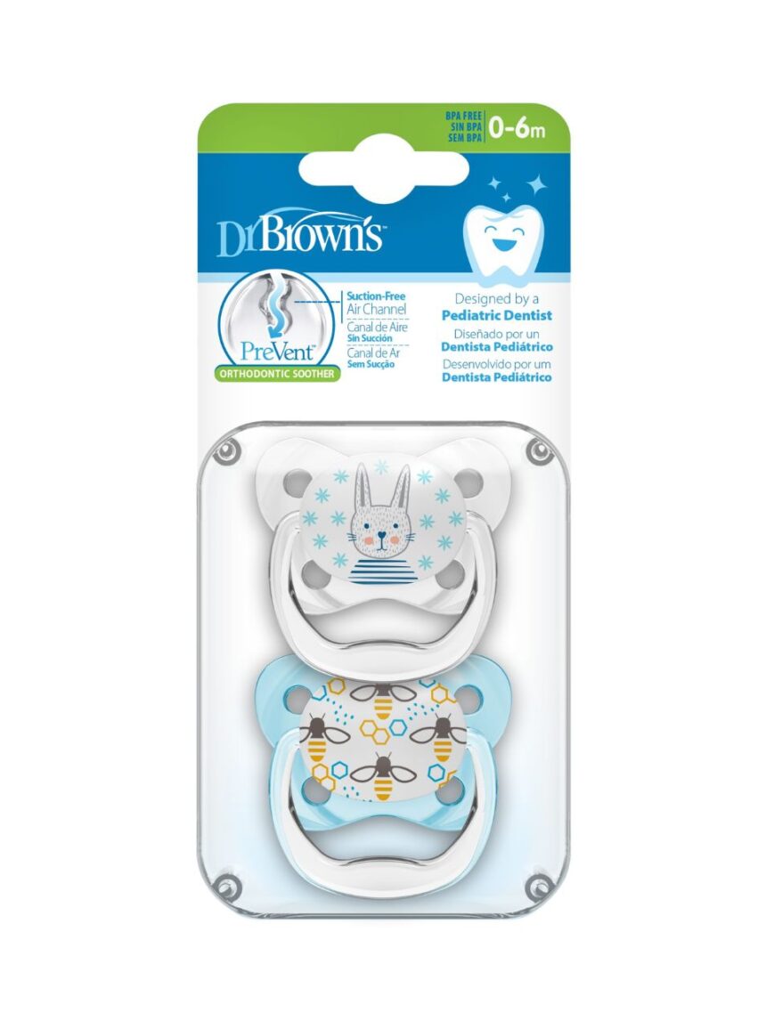 Dr. brown’s πιπίλες με θήλη σιλικόνης 2τμχ prevent contoured shield 0-6m μπλε pv-12402 - Dr Browns