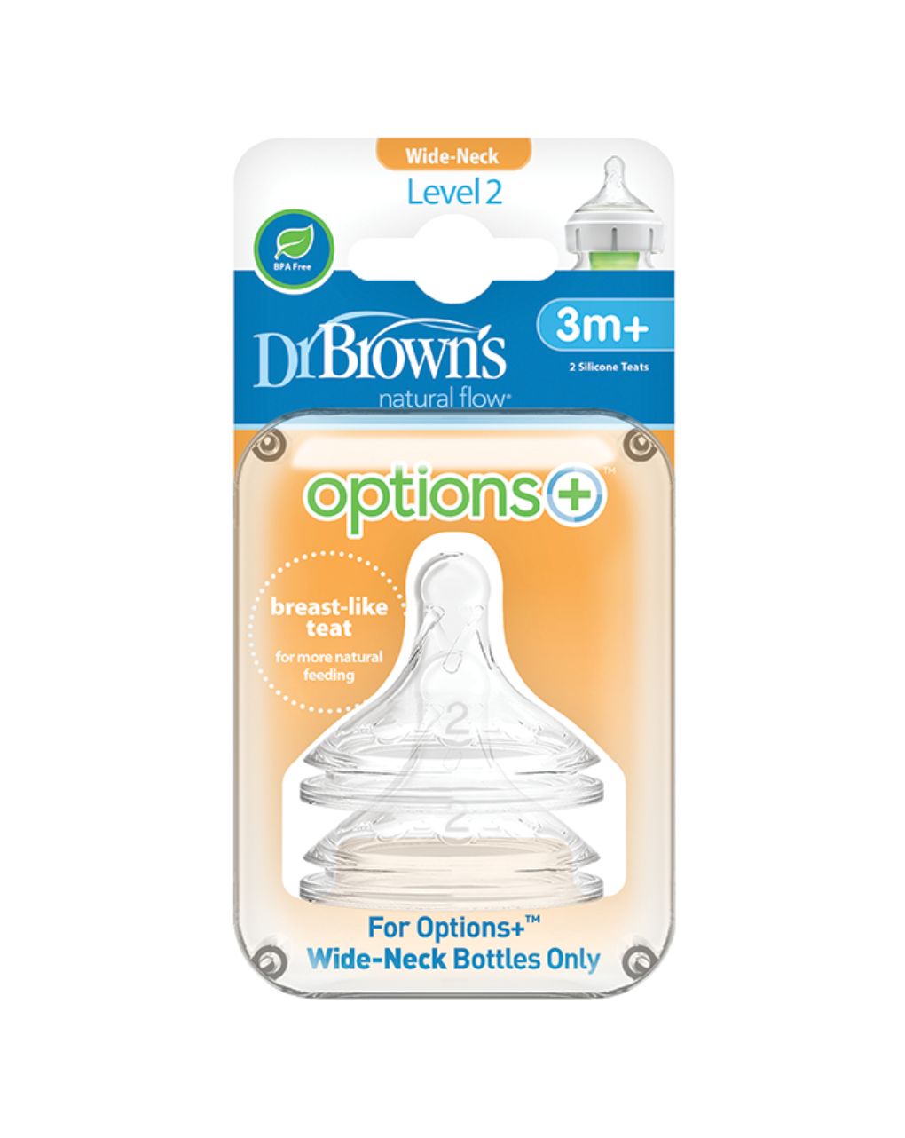 Dr. brown's options+ θηλές σιλικόνης 2τμχ με φαρδή λαιμό επίπεδο 2 3-6m+ 112.70.1hc.299 - Dr Browns