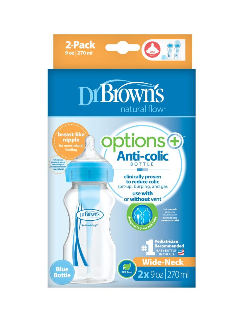 Dr. brown's options+ πλαστικό μπιμπερό 2τμχ με φαρδύ λαιμό 270ml μπλε 112.70.1hc.297 - Dr Browns