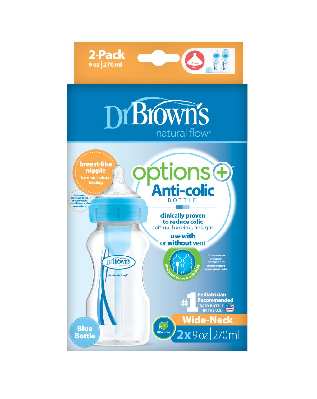 Dr. brown's options+ πλαστικό μπιμπερό 2τμχ με φαρδύ λαιμό 270ml μπλε 112.70.1hc.297 - Dr Browns