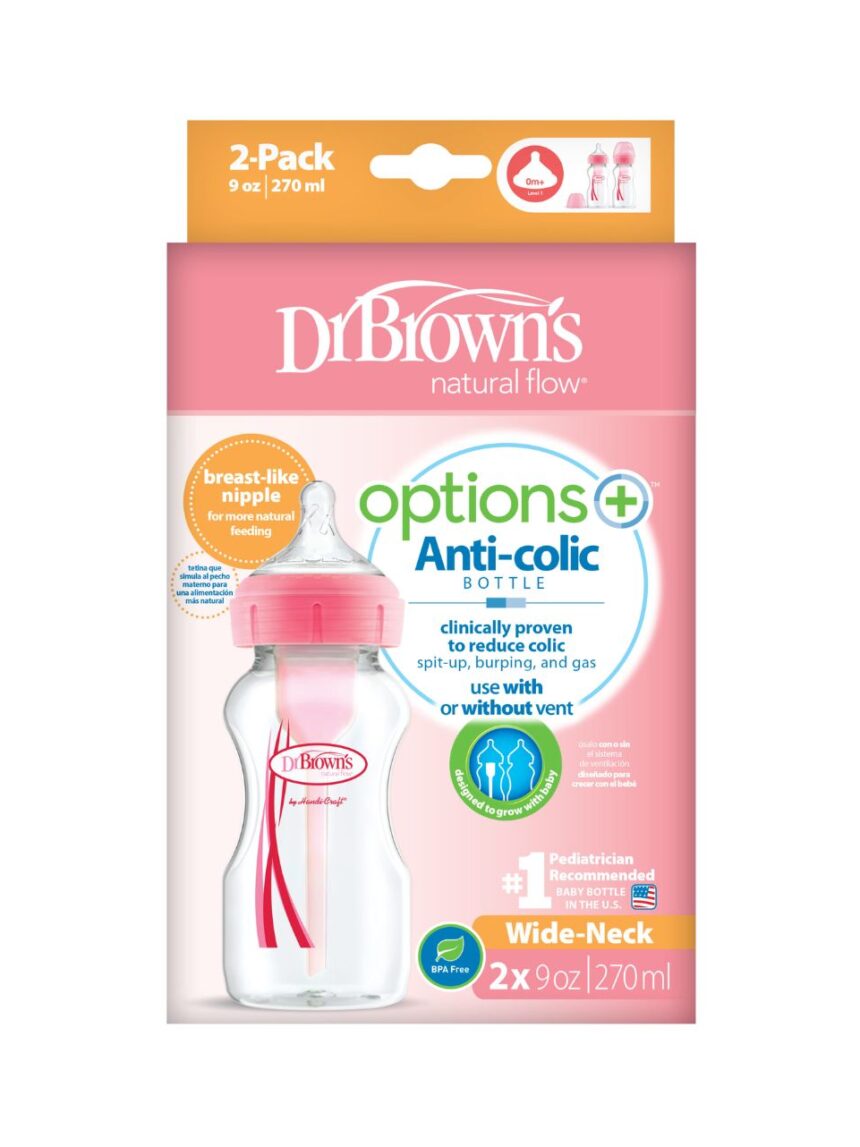 Dr. brown's options+ πλαστικό μπιμπερό 2τμχ με φαρδύ λαιμό 270ml ροζ 112.70.1hc.296 - Dr Browns