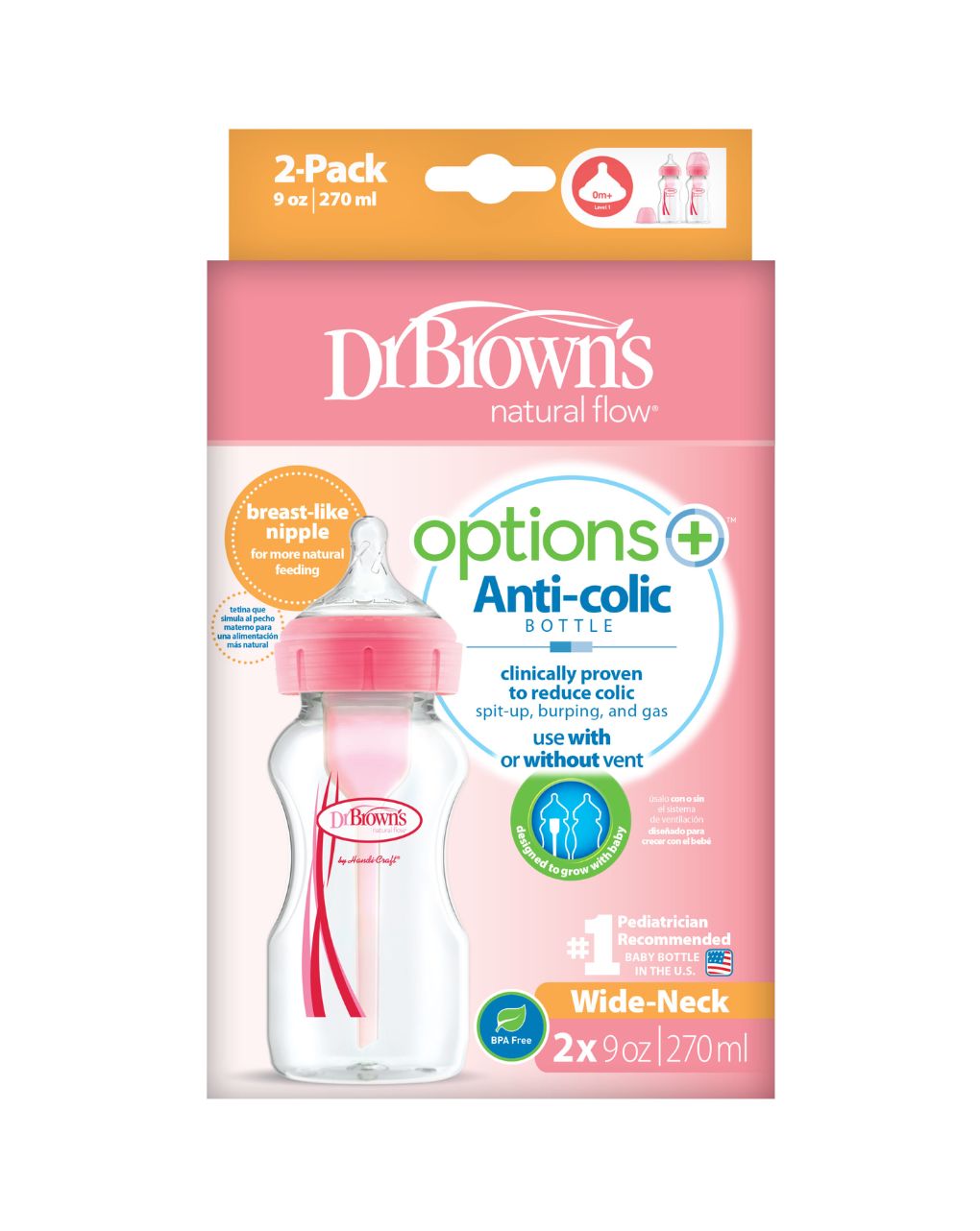 Dr. brown's options+ πλαστικό μπιμπερό 2τμχ με φαρδύ λαιμό 270ml ροζ 112.70.1hc.296 - Dr Browns