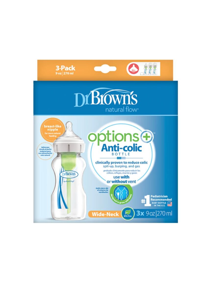 Dr. brown's - πλαστικό μπιμπερό με φαρδύ λαιμό options+ 270ml, 3τμχ - Dr Browns