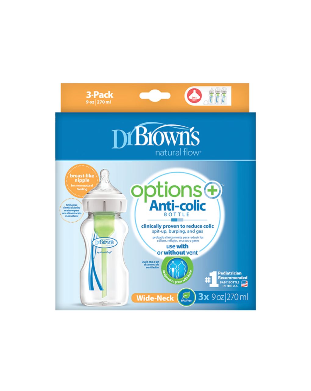 Dr. brown's - πλαστικό μπιμπερό με φαρδύ λαιμό options+ 270ml, 3τμχ