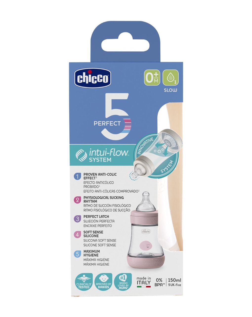 Chicco πλαστικό μπιμπερό perfect 5 150ml κανονική ροή ροζ 0m+ a60-20211-10 - Chicco
