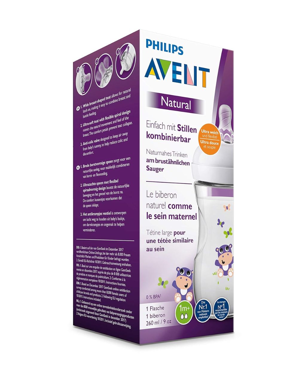 Philips avent πλαστικό μπιμπερό natural 260ml 1m+ hippo scf070/22 - Philips Avent