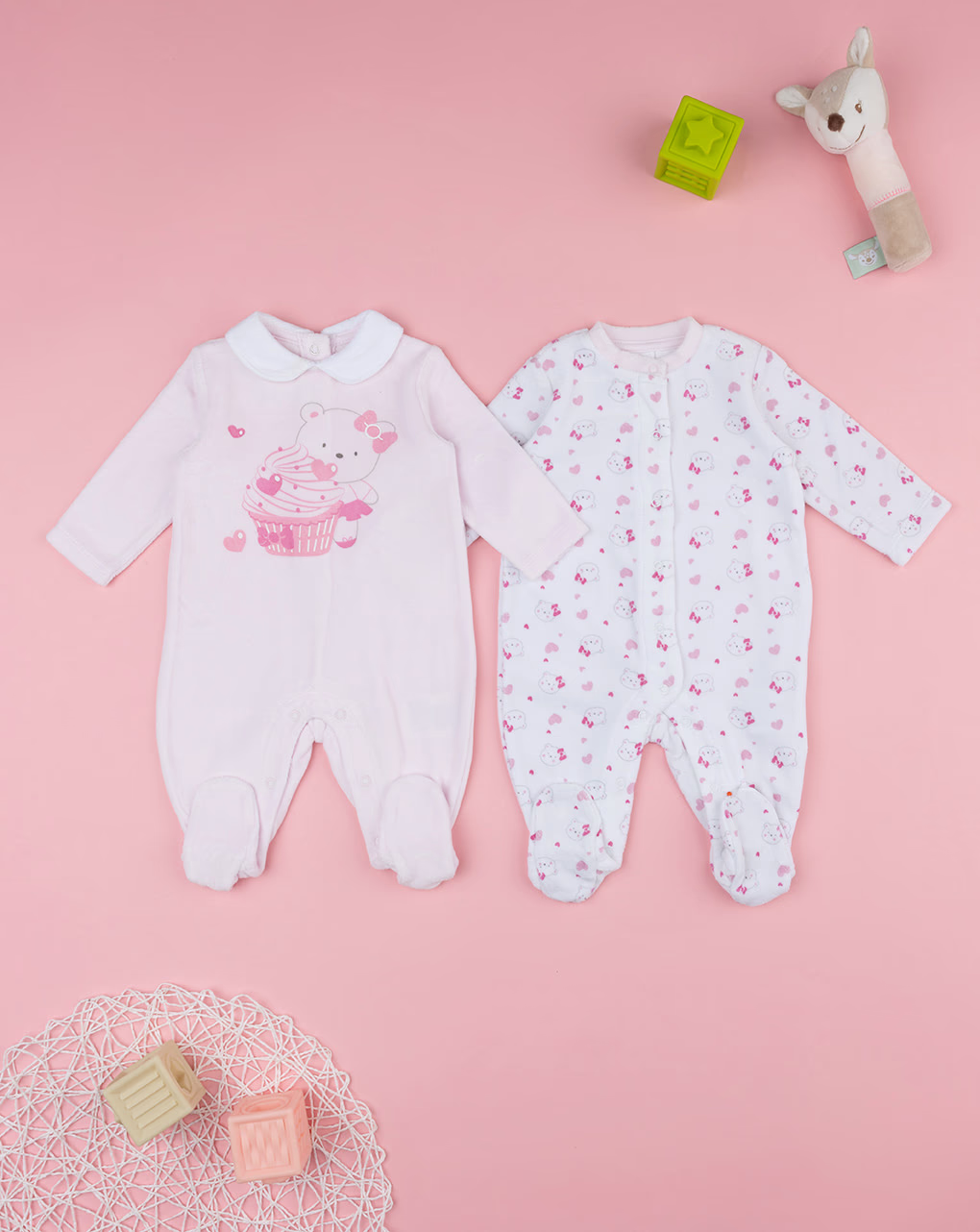 βρεφικά φορμάκια μακρυμάνικα σενίλ πακέτο x2 με αρκουδάκια για κορίτσι