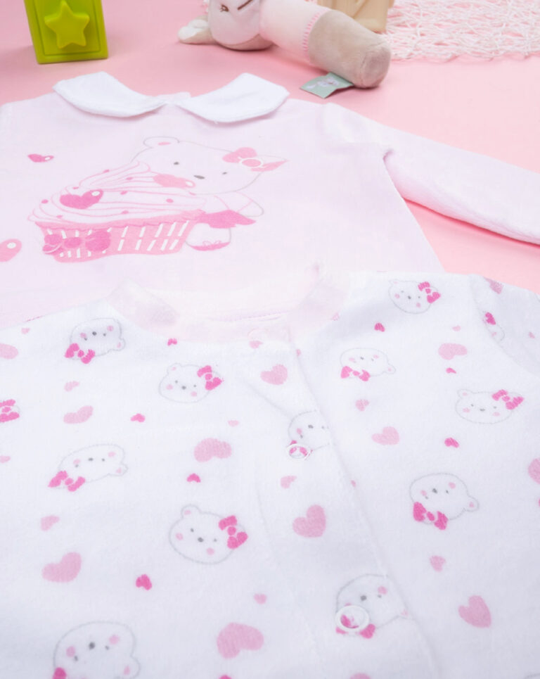 βρεφικά φορμάκια μακρυμάνικα σενίλ πακέτο x2 με αρκουδάκια για κορίτσι - Prénatal