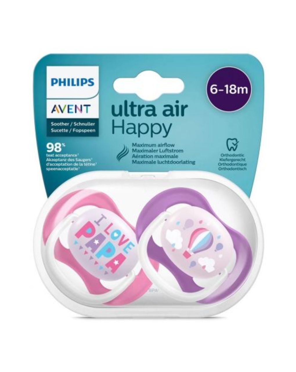 Philips avent πιπίλες ultra air pacifier 2τμχ i love papa 6-18m, scf080/04 - Philips Avent