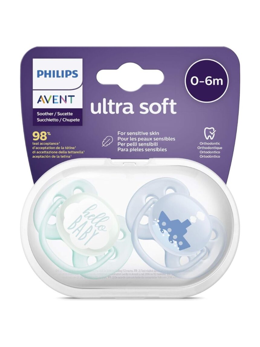 Philips avent πιπίλα ultra soft 2τμχ hello baby μπλε 0-6m, scf222/01 - Philips Avent