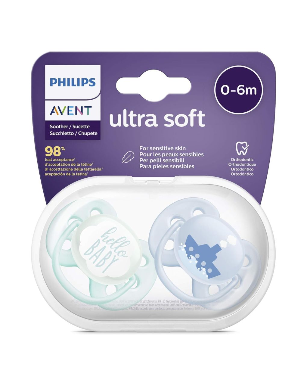 Philips avent πιπίλα ultra soft 2τμχ hello baby μπλε 0-6m, scf222/01 - Philips Avent