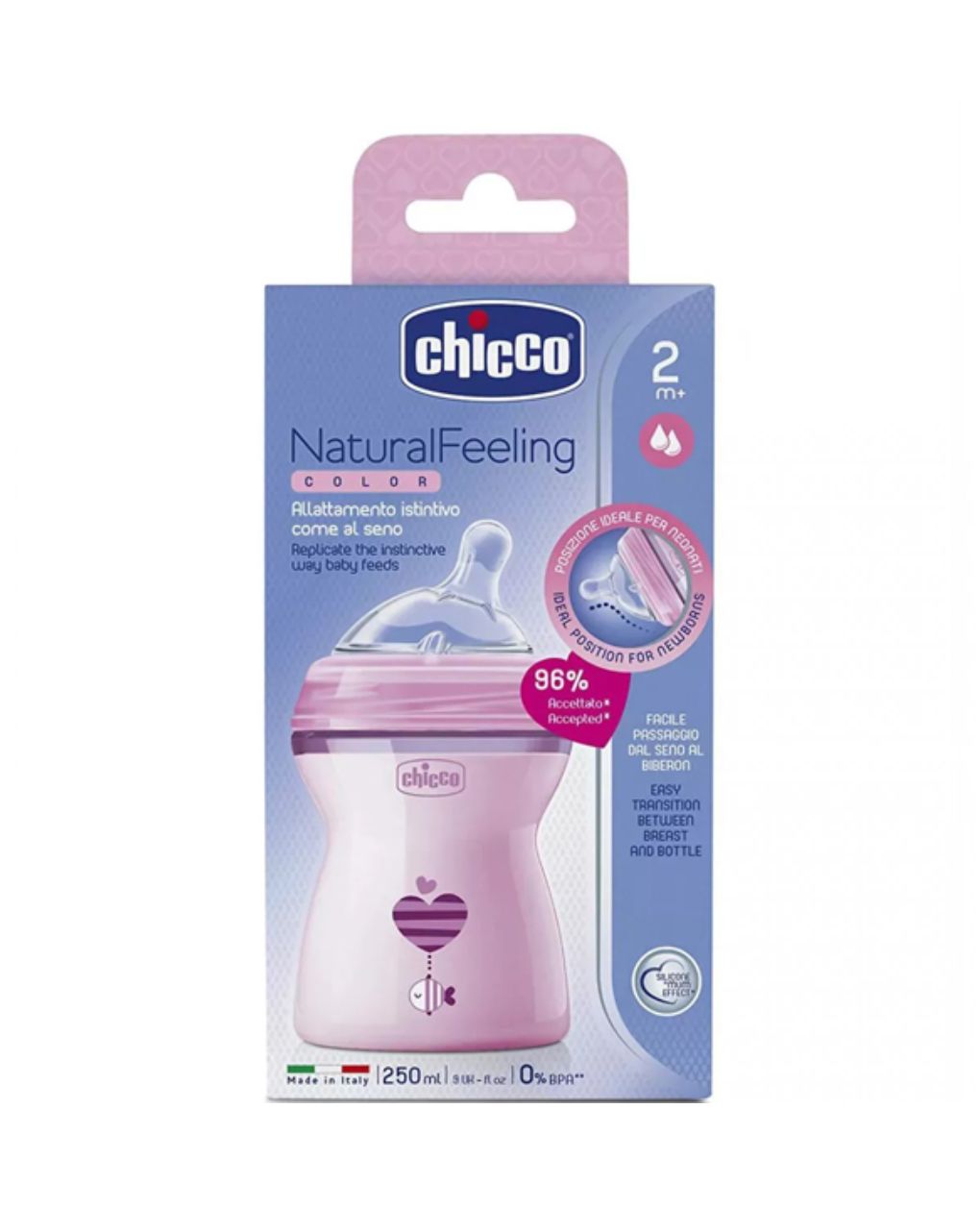 Chicco πλαστικό μπιμπερό natural feeling 250ml με θήλη σιλικόνης μέτριας ροής 2m+ ροζ a60-80825-11 - Chicco