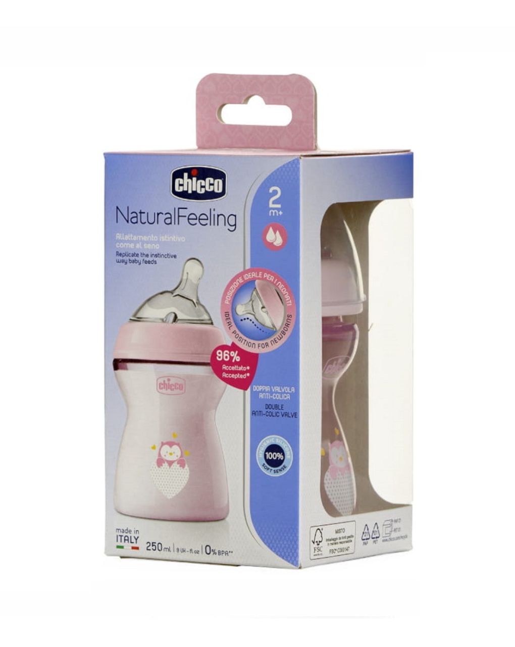 Chicco πλαστικό μπιμπερό natural feeling 250ml με θήλη σιλικόνης μέτριας ροής 2m+ ροζ a60-80825-11 - Chicco