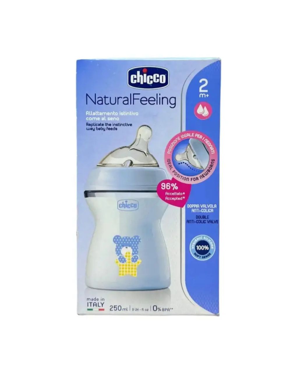 Chicco πλαστικό μπιμπερό natural feeling 250ml με θήλη σιλικόνης μέτριας ροής 2m+ σιέλ a60-80825-21 - Chicco