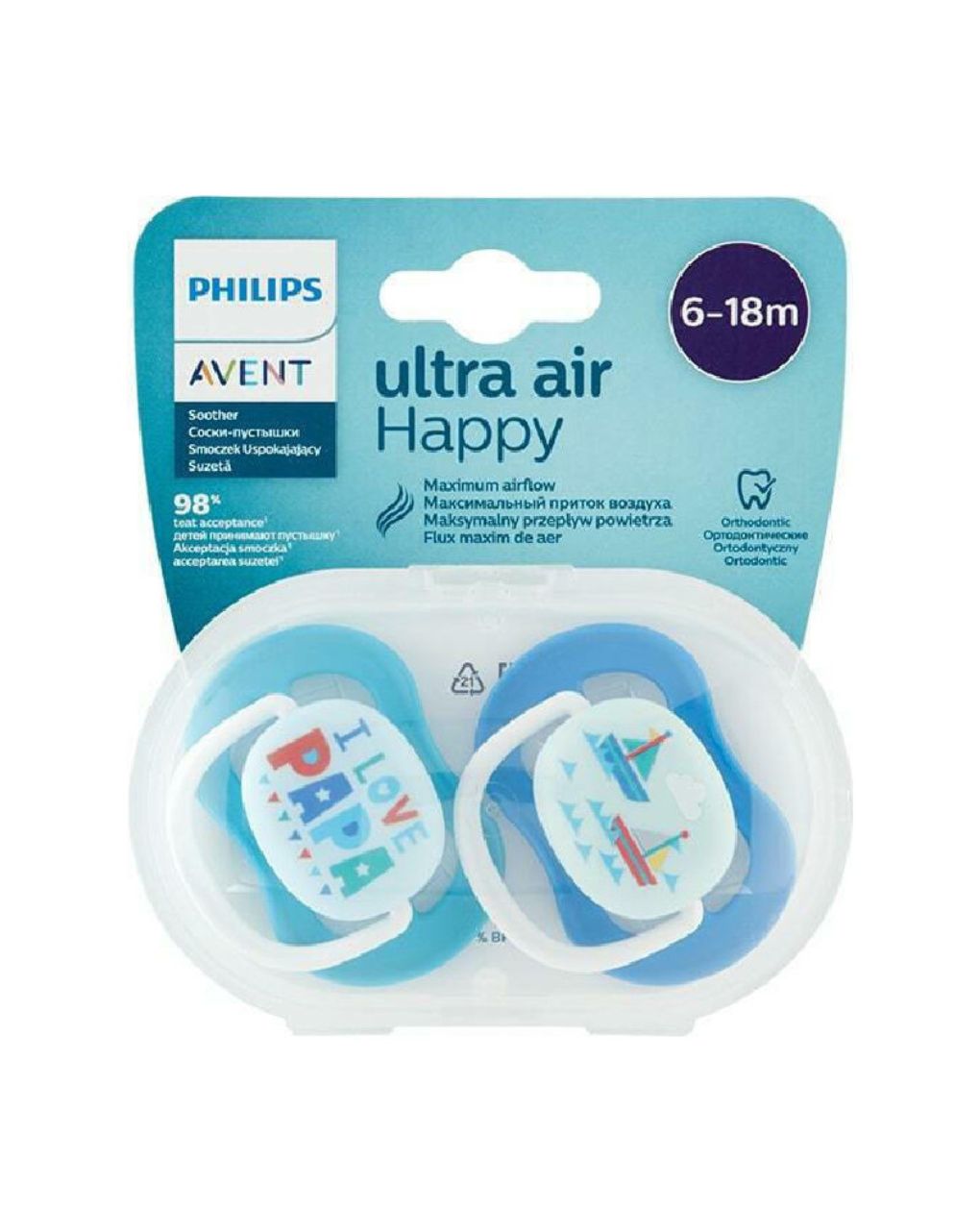 Philips avent πιπίλα ultra air 2τμχ i love papa μπλε 6-18m, scf080/02 - Philips Avent