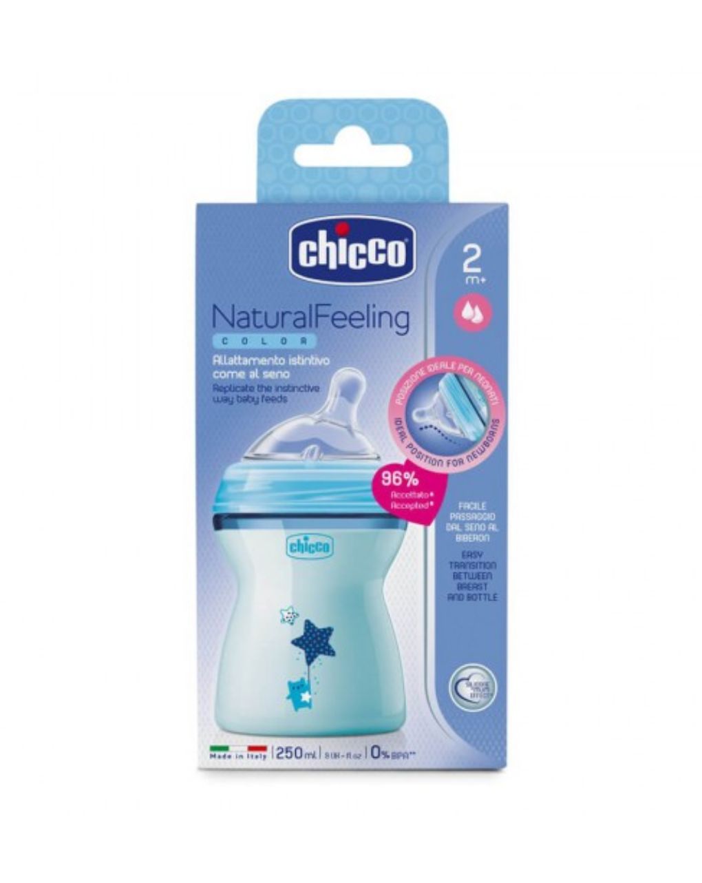 Chicco πλαστικό μπιμπερό natural feeling 250ml με θήλη σιλικόνης μέτριας ροής 2m+ σιέλ a60-80825-21 - Chicco