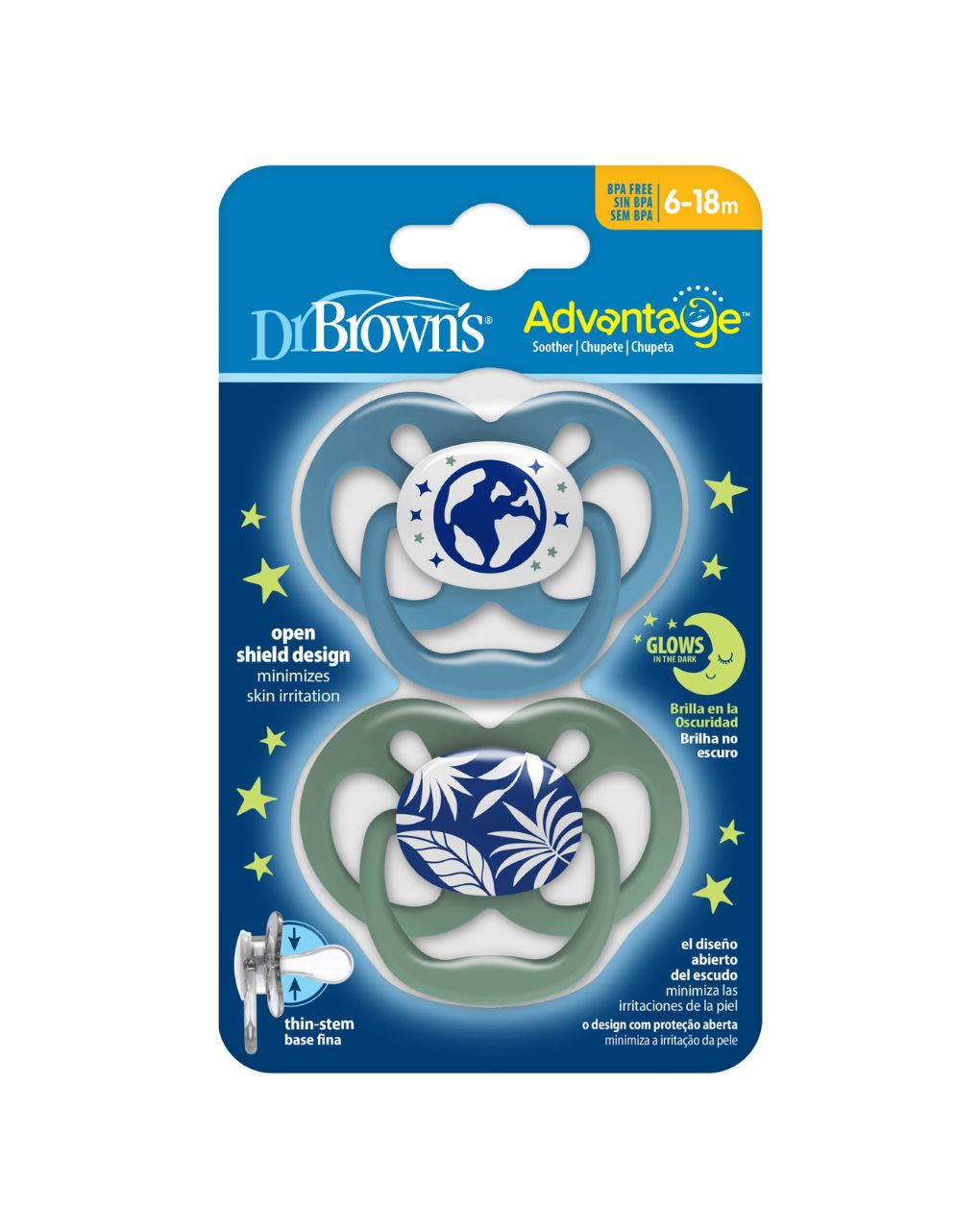 Dr. brown’s πιπίλες σιλικόνης 2τμχ advantage night 6-18m+ αγόρι 112.70.1hc.312 - Dr Browns