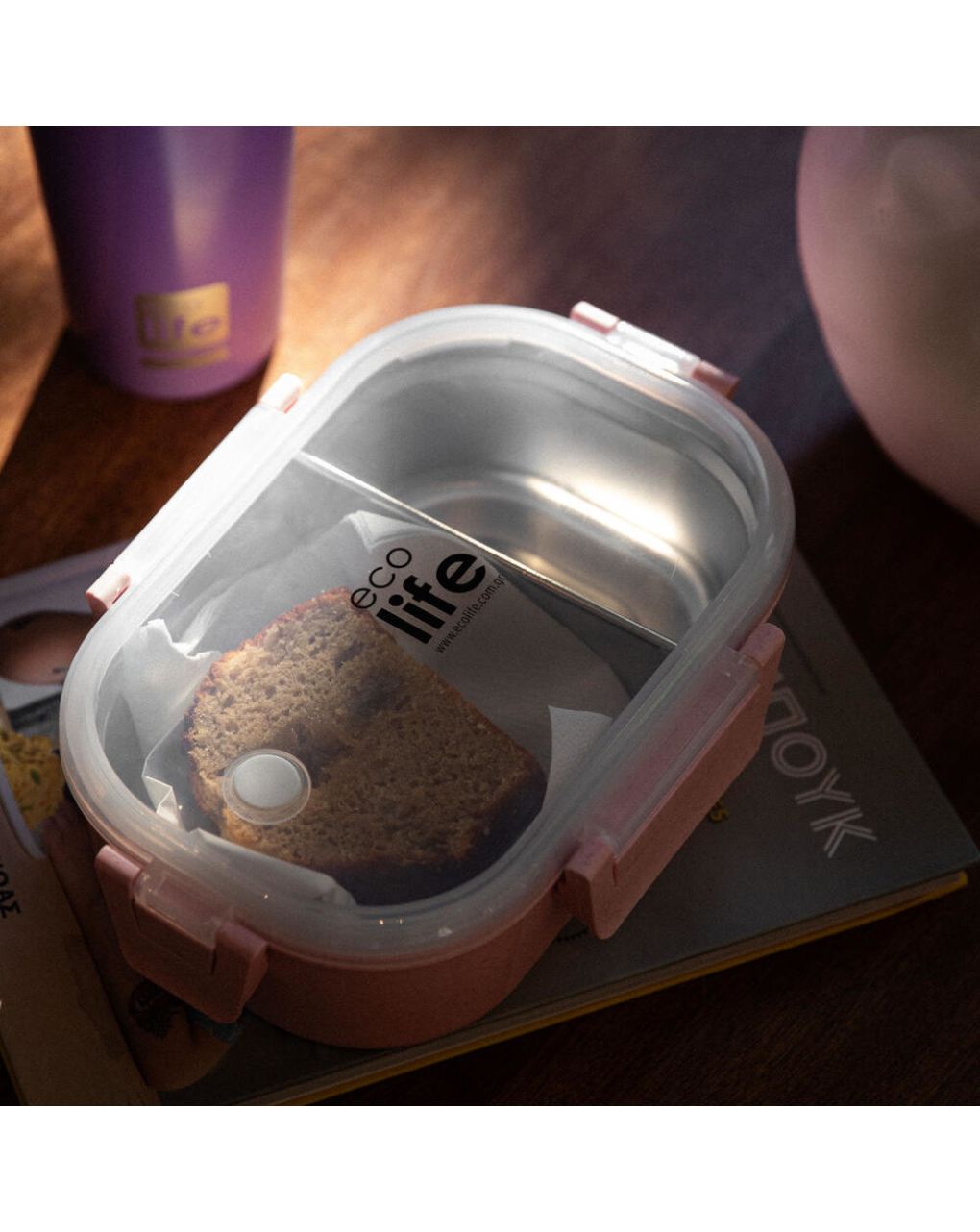Ecolife ανοξείδωτο φαγητοδοχείο με χώρισμα 900ml light pink 33-bo-9073 - Ecolife