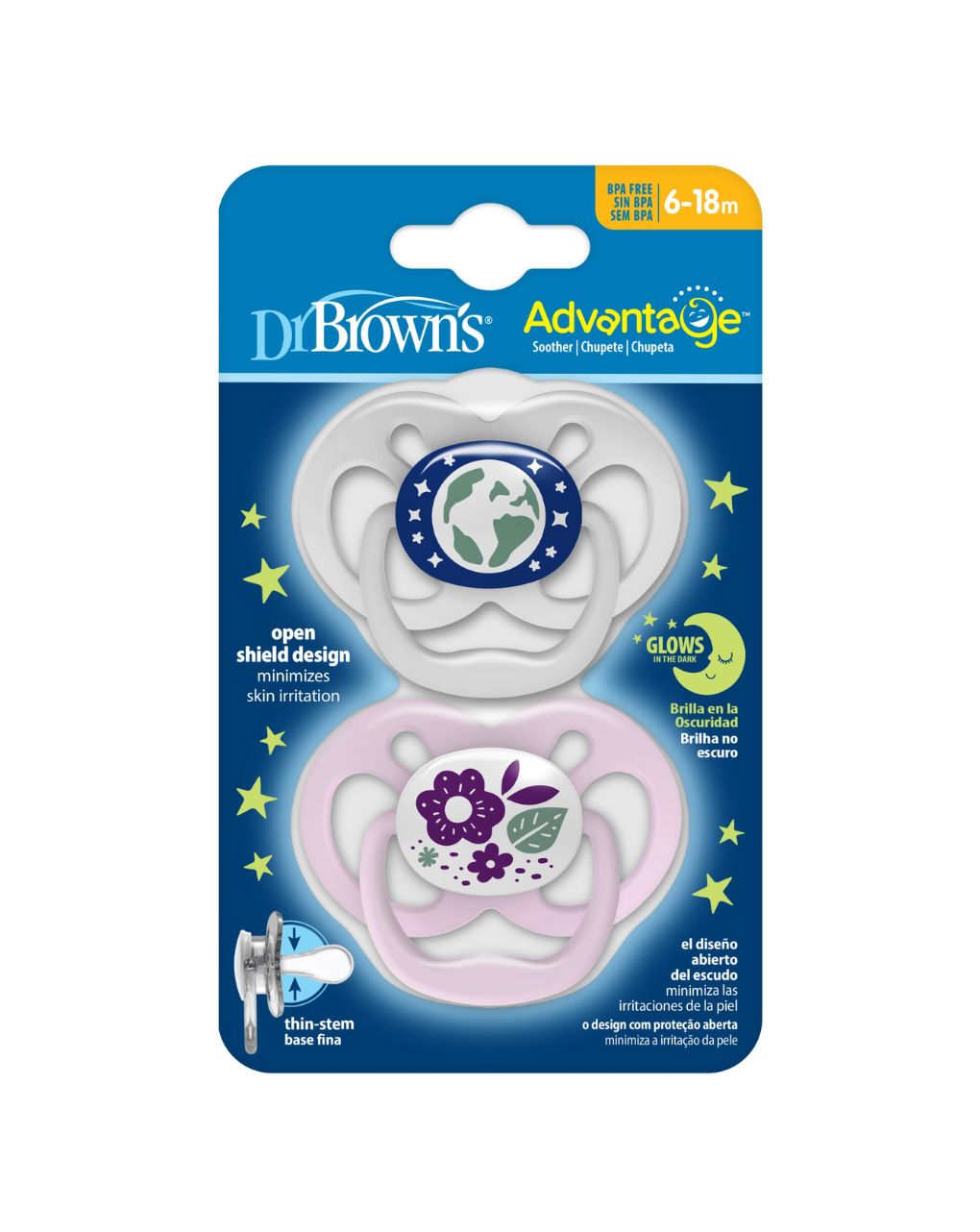 Dr. brown’s πιπίλες σιλικόνης 2τμχ advantage night 6-18m+ κορίτσι 112.70.1hc.311 - Dr Browns