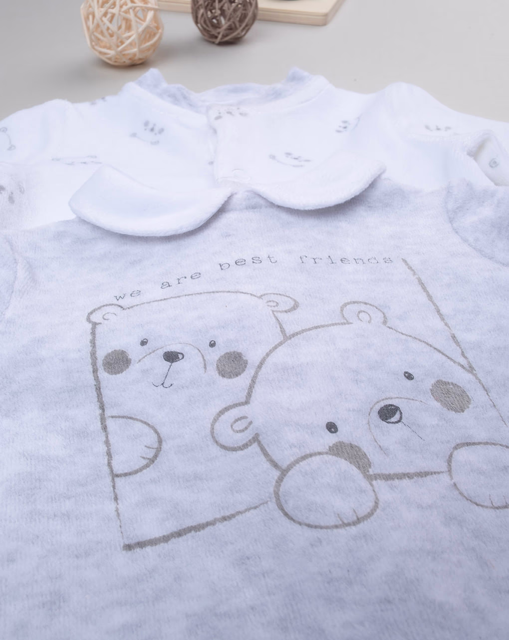 βρεφικά φορμάκια σενίλ πακέτο γκρι/λευκό με αρκουδάκια x2 unisex - Prénatal