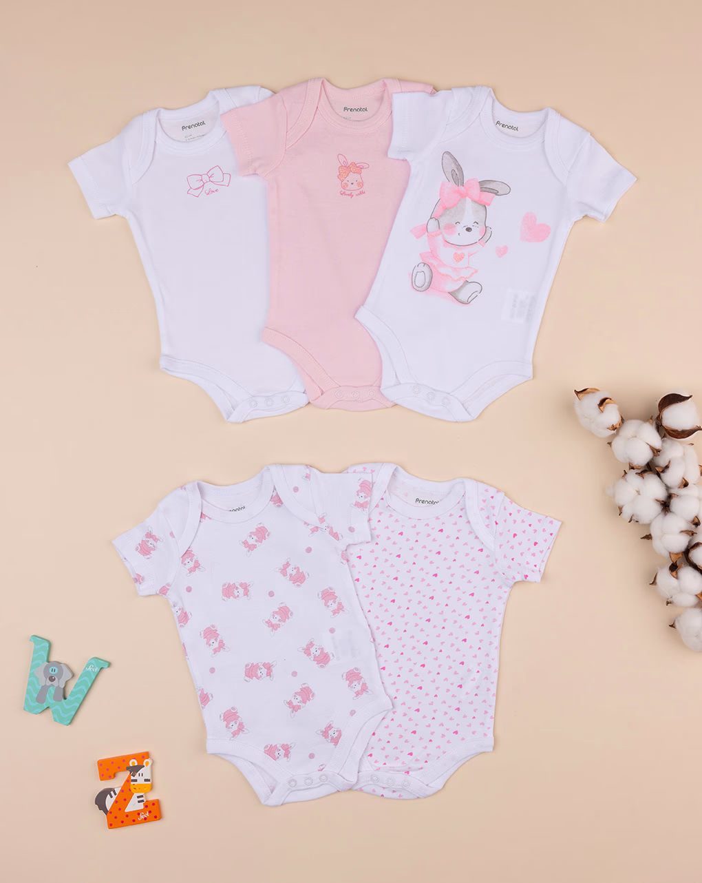 βρεφικά κορμάκια με λαγουδάκια πακέτο x5 για κορίτσι - Prénatal