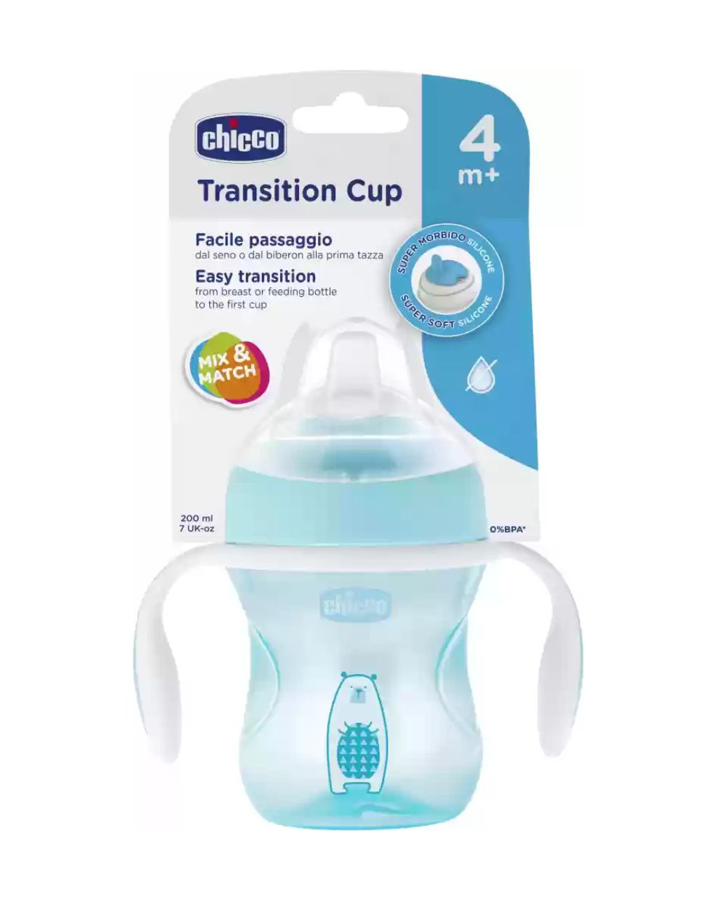 Chicco εκπαιδευτικό ποτηράκι 200ml transition 4m+ σιελ f04-06911-20-01 - Chicco