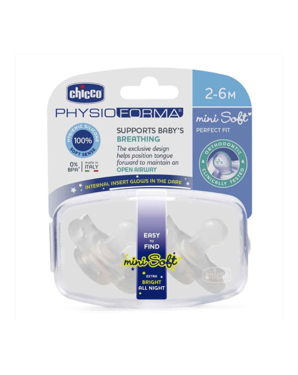 Chicco πιπίλα mini soft 2-6m physio forma που φωσφορίζει 2τμχ c60-73231-41 - Chicco