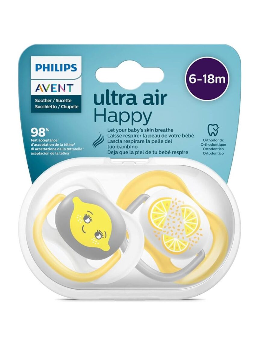 Philips avent πιπίλα oρθοδοντική σιλικόνης ultra air 2τμχ λεμόνι κίτρινο 6-18m, scf080/18 - Philips Avent