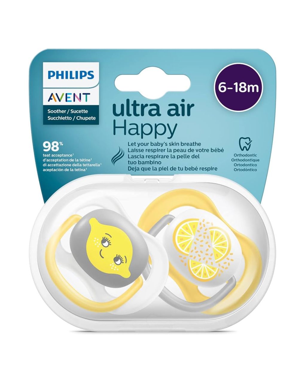 Philips avent πιπίλα oρθοδοντική σιλικόνης ultra air 2τμχ λεμόνι κίτρινο 6-18m, scf080/18 - Philips Avent