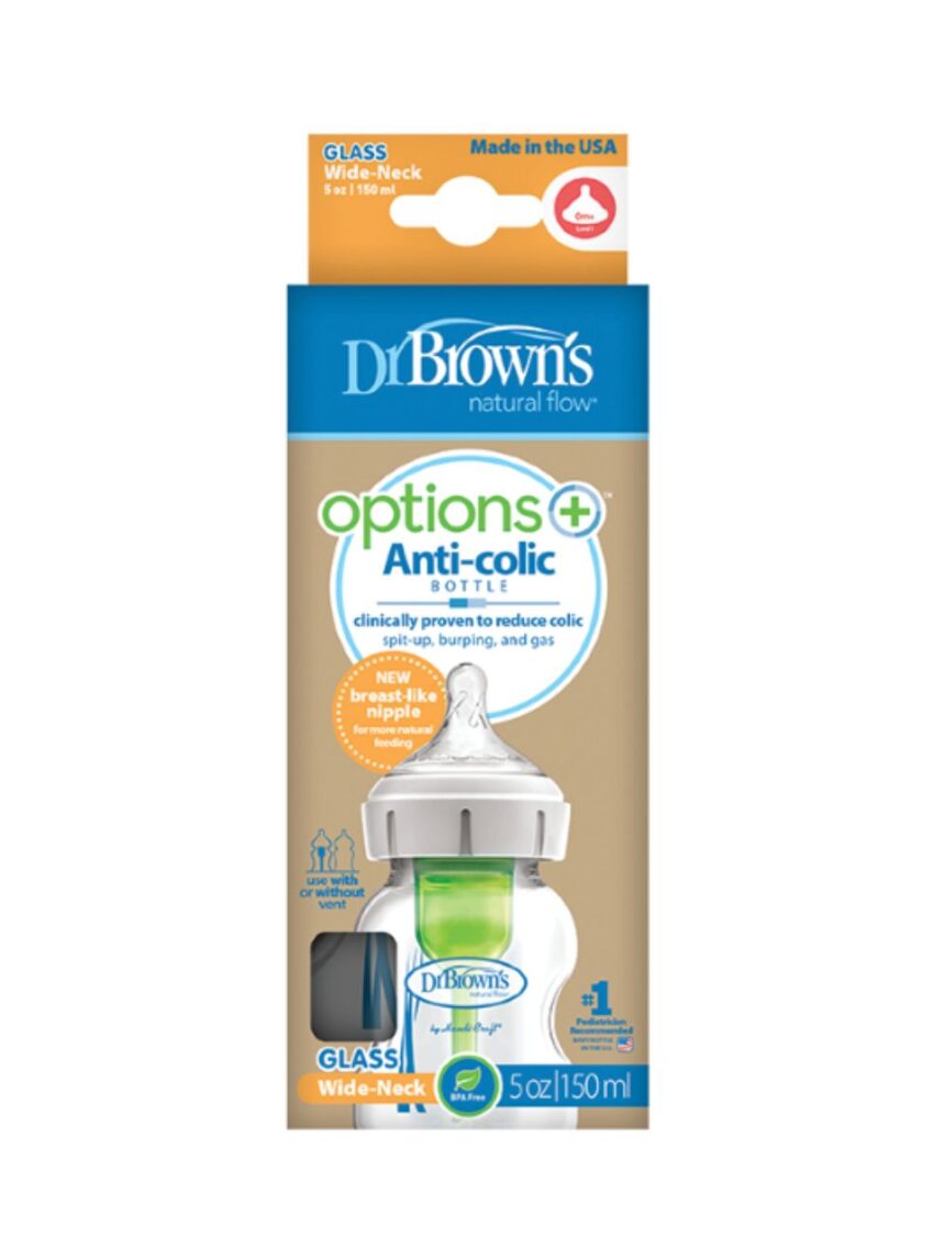 Dr. brown's options+ γυάλινο μπουκάλι με φαρδύ λαιμό κατά των κολικών 150ml 112.70.1hc.289 - Dr Browns