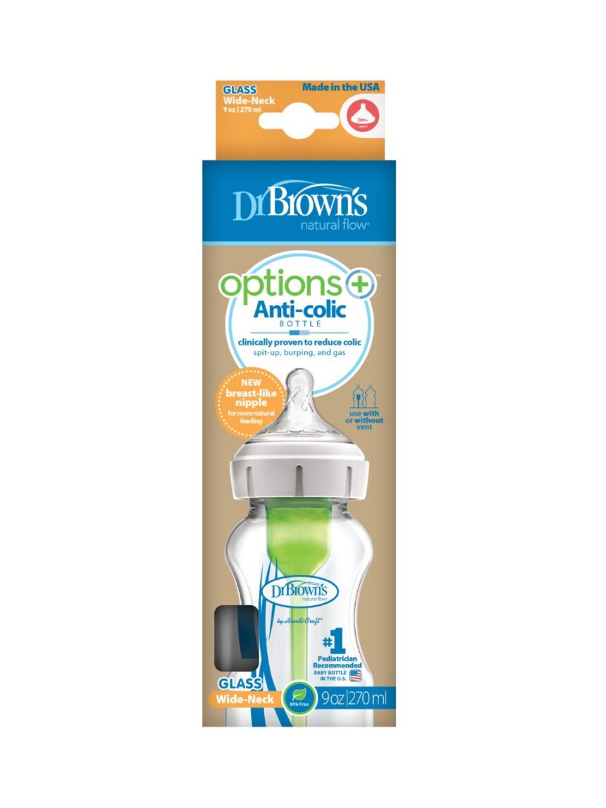 Dr. brown's options+ natural flow γυάλινο μπιμπερό με θηλή σιλικόνης & φαρδύ λαιμό 270ml 112.70.1hc.290 - Dr Browns
