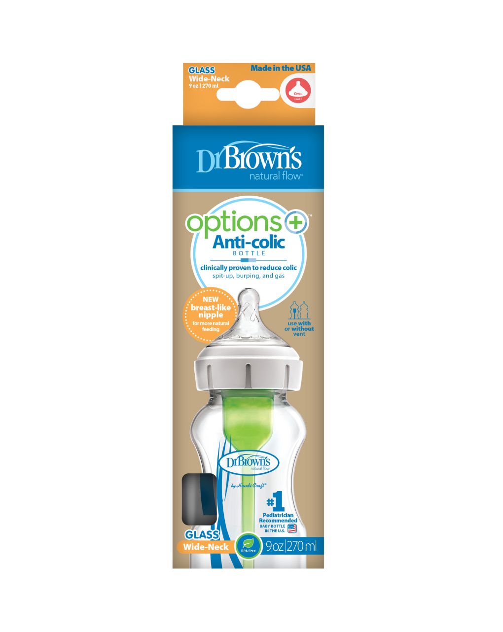 Dr. brown's options+ natural flow γυάλινο μπιμπερό με θηλή σιλικόνης & φαρδύ λαιμό 270ml 112.70.1hc.290 - Dr Browns