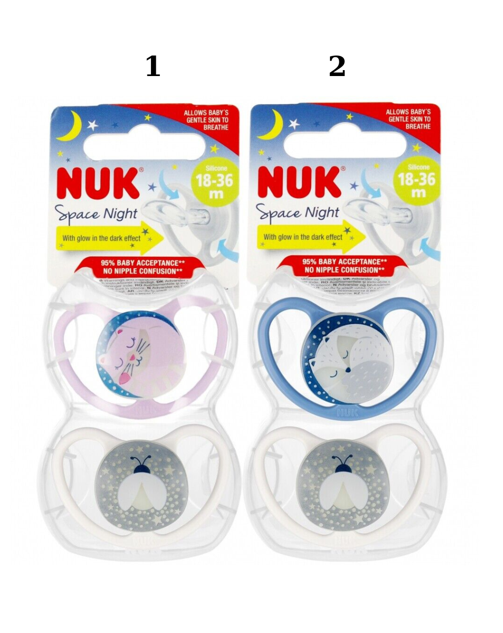 Nuk πιπίλες σιλικόνης space night 18-36 μηνών 2 τεμ (σχέδια) - Nuk