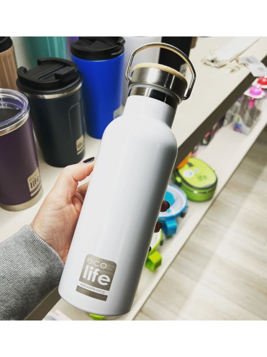 Ecolife ανοξέιδωτο μπουκάλι θερμός με καπάκι bamboo 500ml whilte 33-bo-3029 - Ecolife