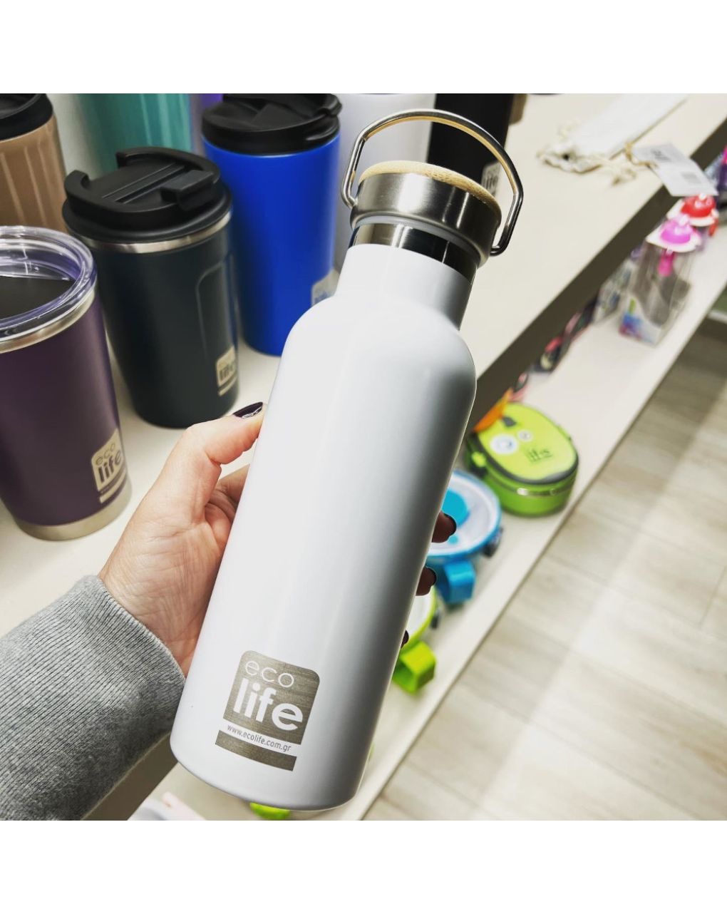 Ecolife ανοξέιδωτο μπουκάλι θερμός με καπάκι bamboo 500ml whilte 33-bo-3029 - Ecolife