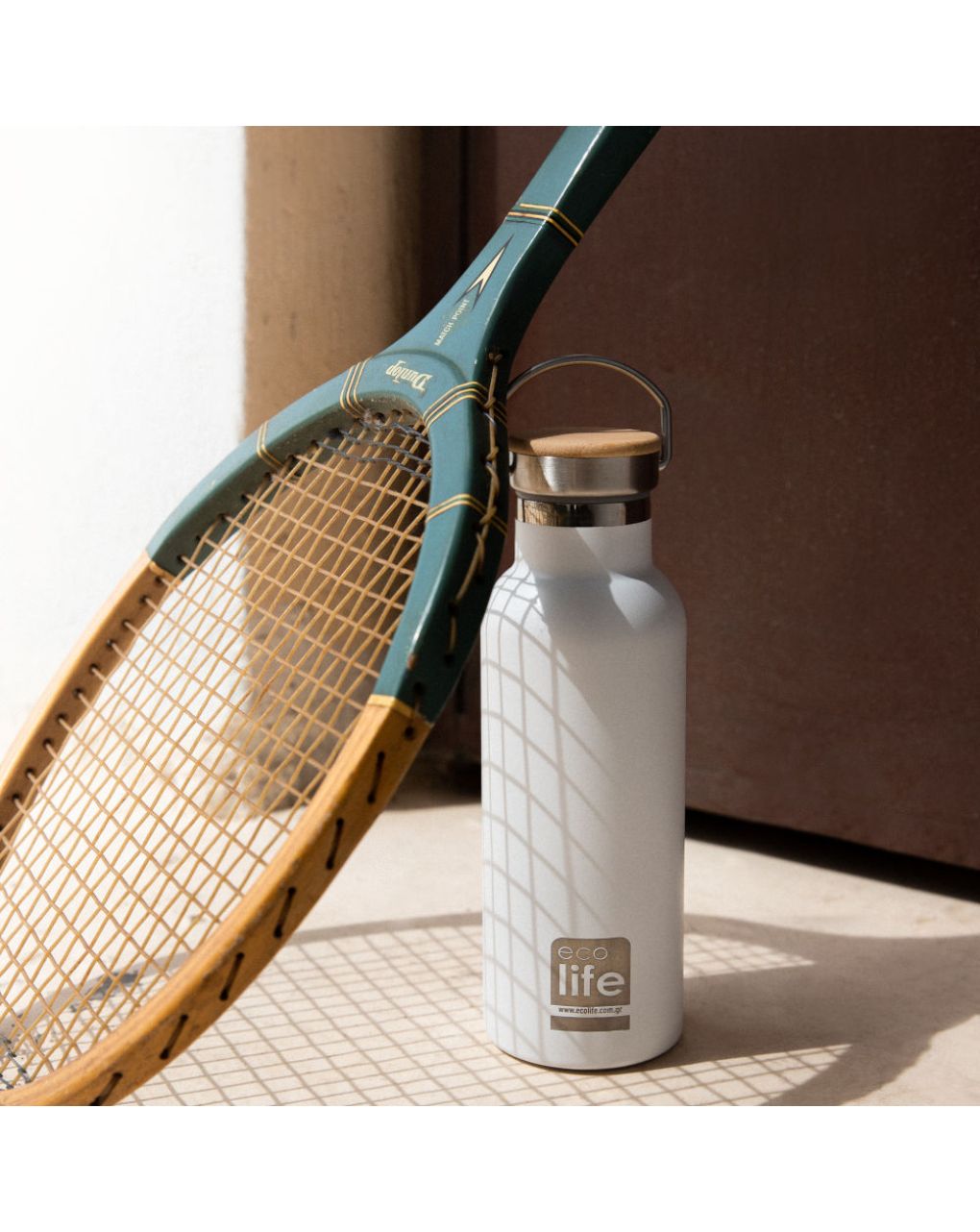 Ecolife ανοξέιδωτο μπουκάλι θερμός με καπάκι bamboo 500ml whilte 33-bo-3029 - Ecolife