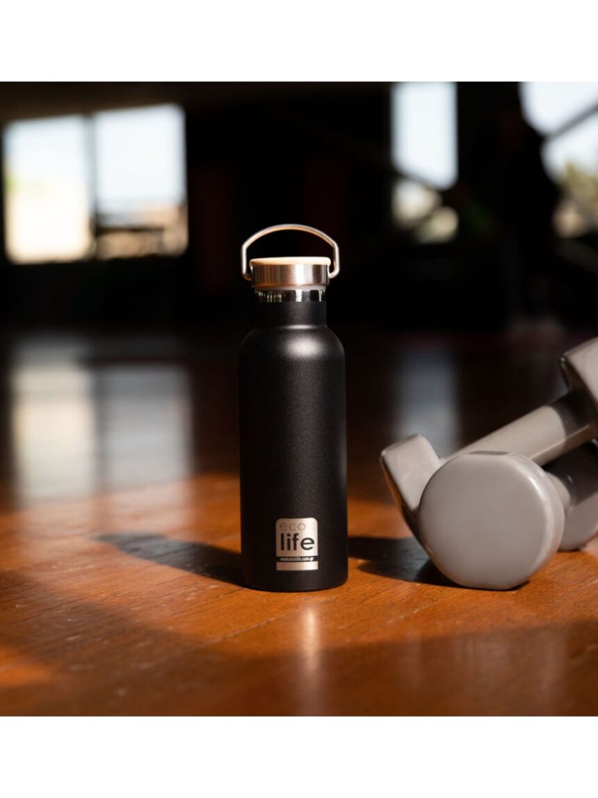 Ecolife ανοξέιδωτο μπουκάλι θερμός με καπάκι bamboo 500ml black 33-bo-3028 - Ecolife