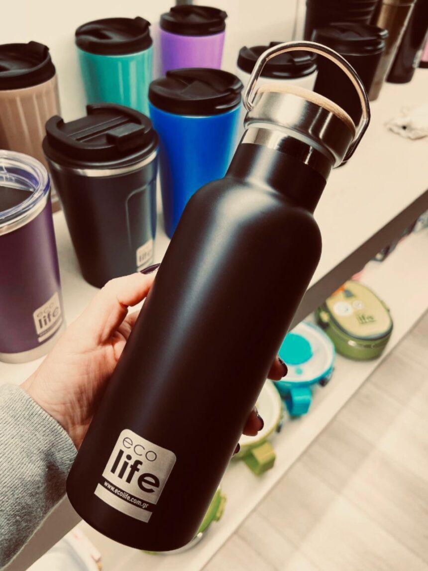 Ecolife ανοξέιδωτο μπουκάλι θερμός με καπάκι bamboo 500ml black 33-bo-3028 - Ecolife