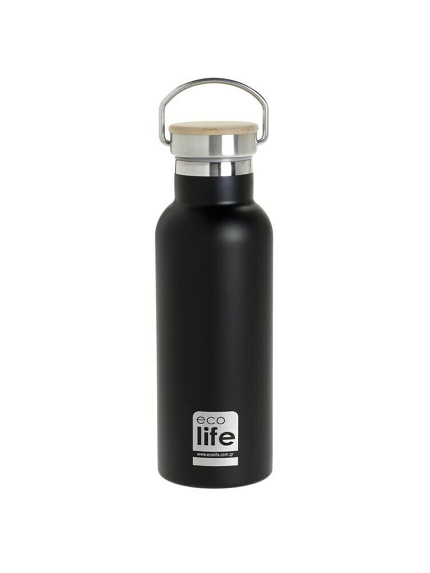Ecolife μπουκάλι θερμός μαύρο από ανοξέιδωτο ατσάλι με καπάκι από μπαμπού 500ml - Ecolife
