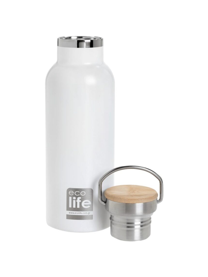 Ecolife ανοξέιδωτο μπουκάλι θερμός με καπάκι bamboo 500ml whilte 33-bo-3029 - Ecolife