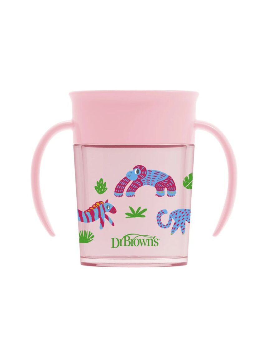 Dr. brown’s εκπαιδευτικό ποτηράκι 360° με λαβές 6m+ 200ml ζωάκια ροζ 112.70.1hc.352 - Dr Browns