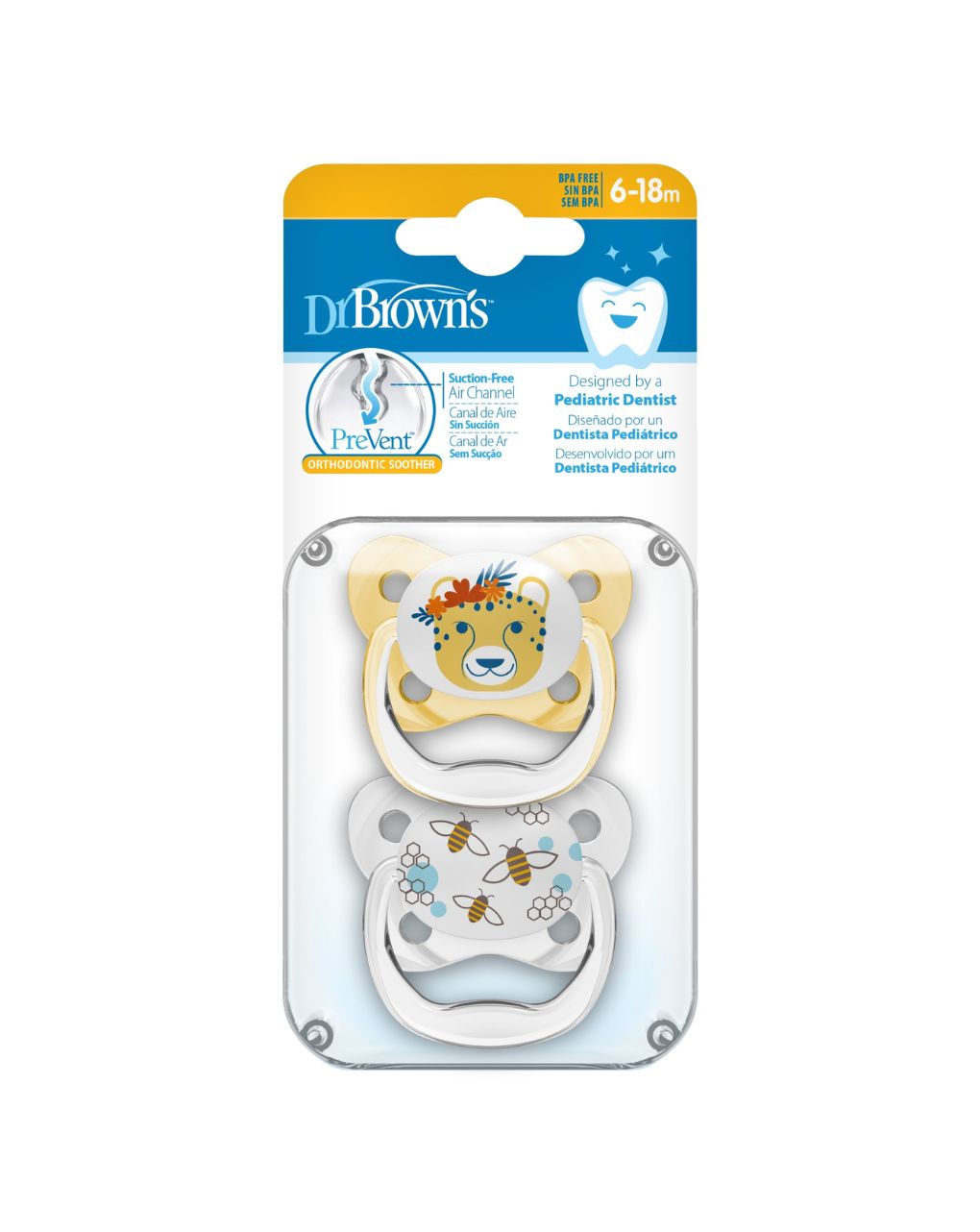 Dr. brown's πιπίλες σιλικόνης 2τμχ prevent contoured shield 6-18m κίτρινο 112.70.1hc.191 - Dr Browns