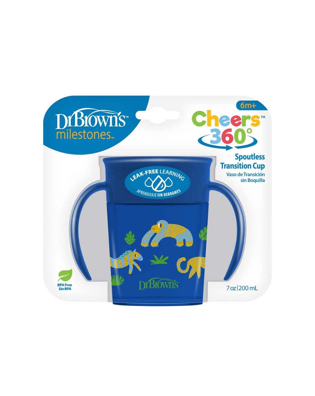 Dr. brown’s εκπαιδευτικό ποτηράκι 360° με λαβές 6m+ 200ml ζωάκια μπλε 112.70.1hc.353 - Dr Browns