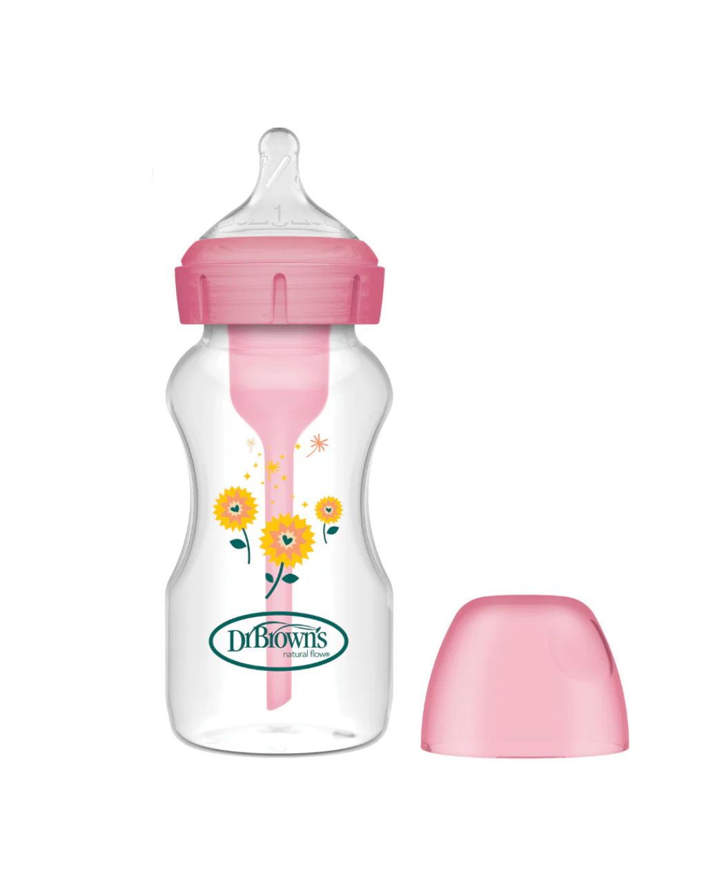 Dr brown's options+ πλαστικό μπιμπερό με φαρδύ λαιμό 270ml κίτρινα λουλούδια ροζ 112.70.1hc.362 - Dr Browns