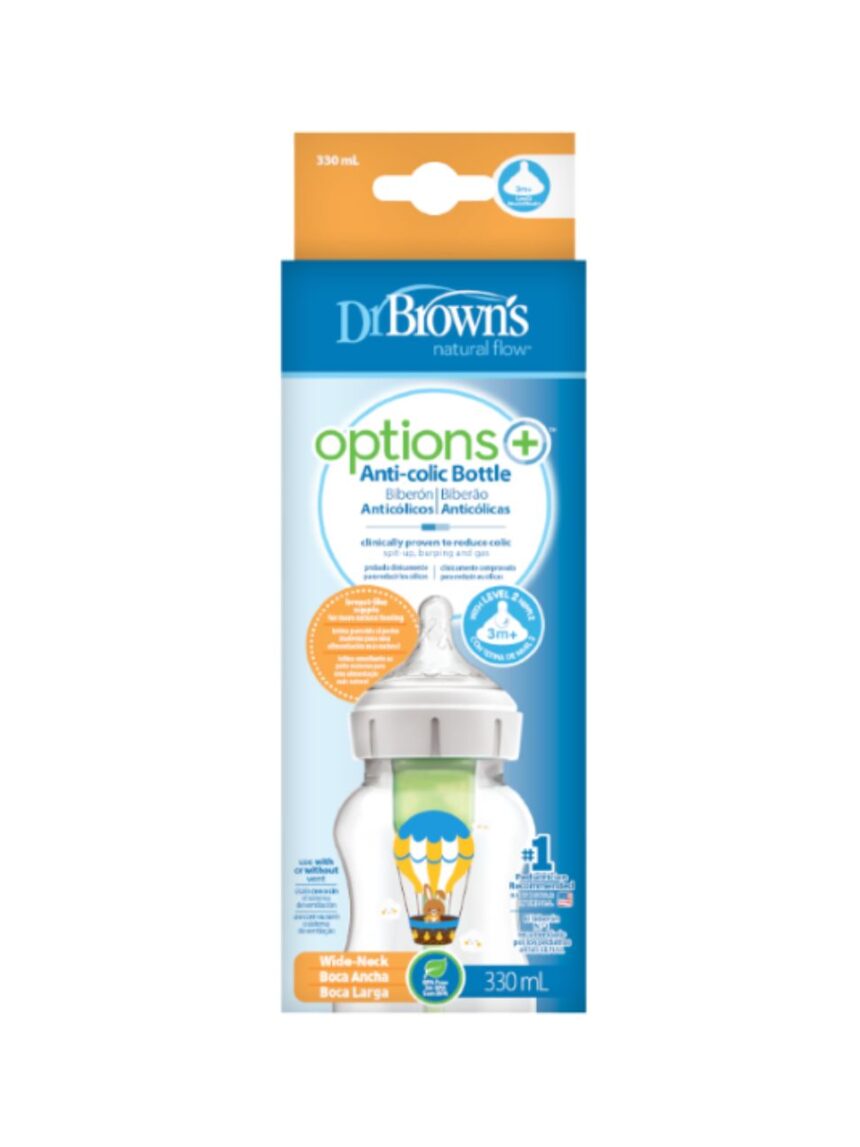 Dr. brown's options+ πλαστικό μπιμπερό με φαρδύ λαιμό 330ml 3m+ λαγουδάκια 112.70.1hc.367 - Dr Browns