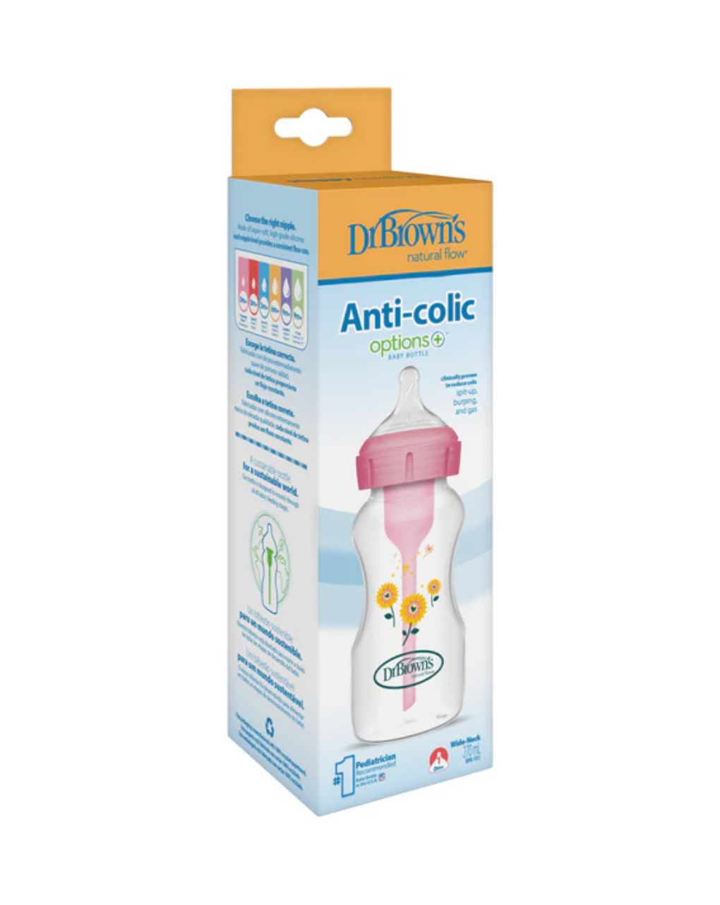 Dr brown's options+ πλαστικό μπιμπερό με φαρδύ λαιμό 270ml κίτρινα λουλούδια ροζ 112.70.1hc.362 - Dr Browns