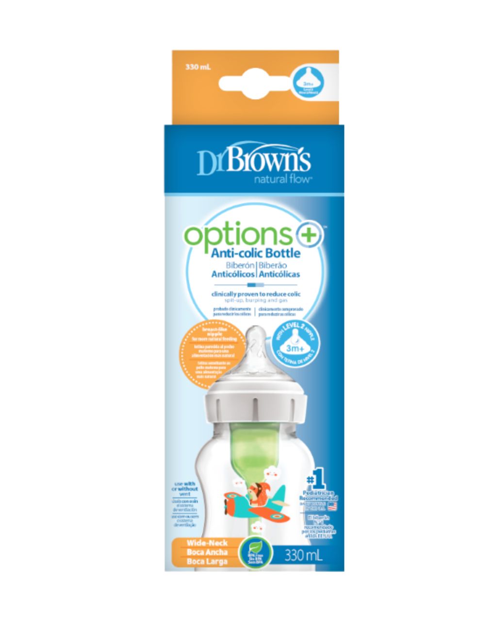 Dr. brown's options+ πλαστικό μπιμπερό 330ml 3m+ σκιουράκι 112.70.1hc.366 - Dr Browns