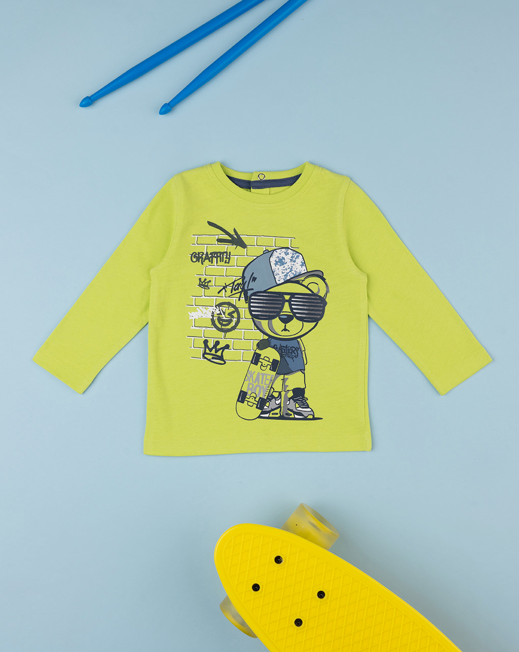 βρεφική μπλούζα λαχανί με αρκουδάκι skater για αγόρι